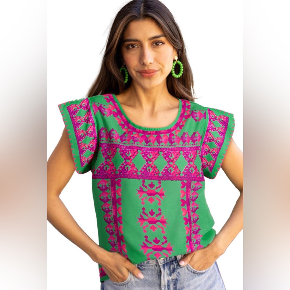 NWT Rose Pink & Green Printed Boho Abstract Cap Short Sleeve Blouse Small Medium - Picture 4 of 6